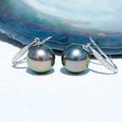 10K White Gold Tahitian Black Pearl Moissanite Drop Earrings