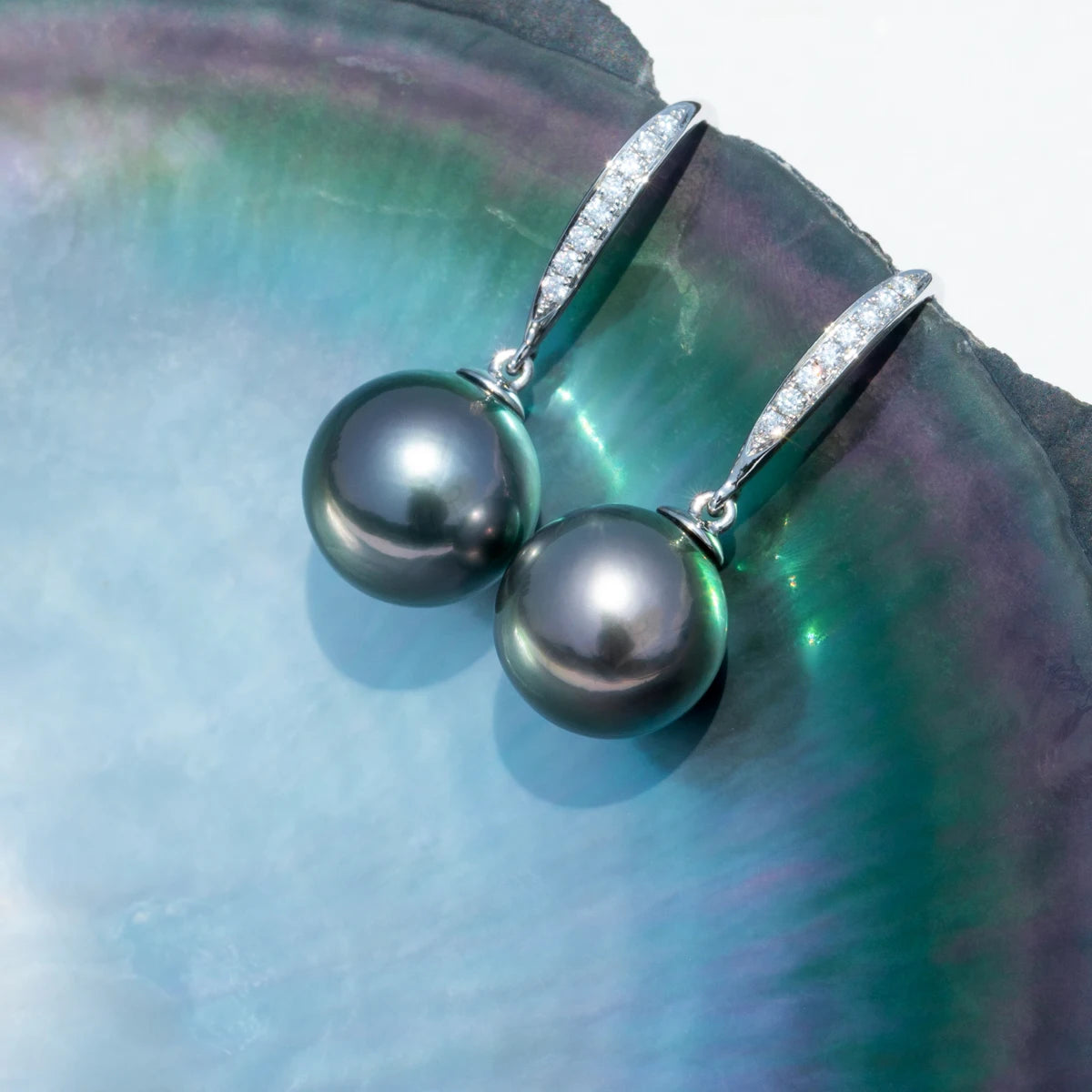 10K White Gold Tahitian Black Pearl Moissanite Drop Earrings