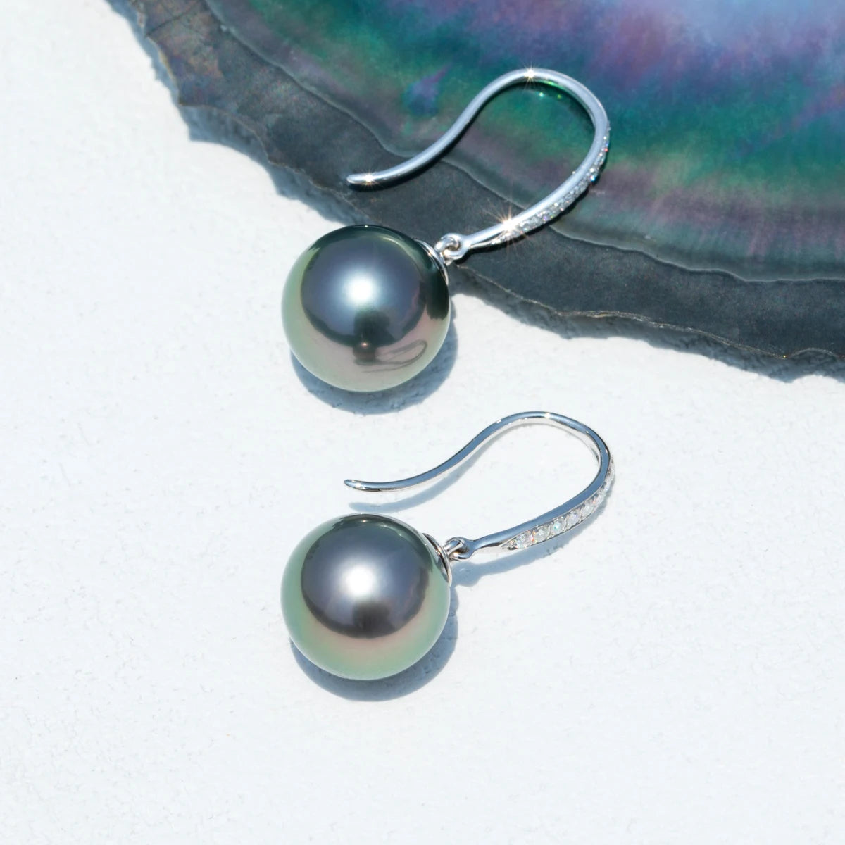 10K White Gold Tahitian Black Pearl Moissanite Drop Earrings